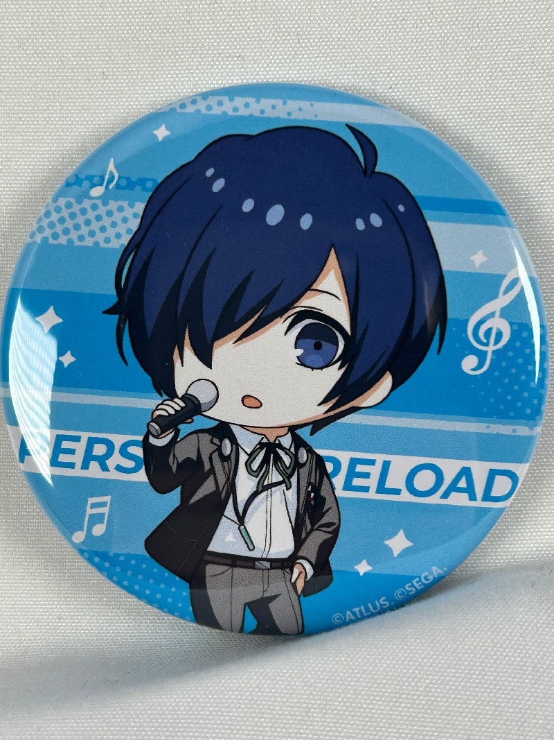 Chibi Style Makoto Yuki singing karaoke on a Blue background can button badge for the Persona Series badge collection page